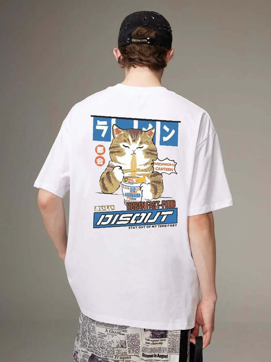 Cat Graphic Tee - Men's Oversized Y2K T-Shirt | Japanese Streetwear